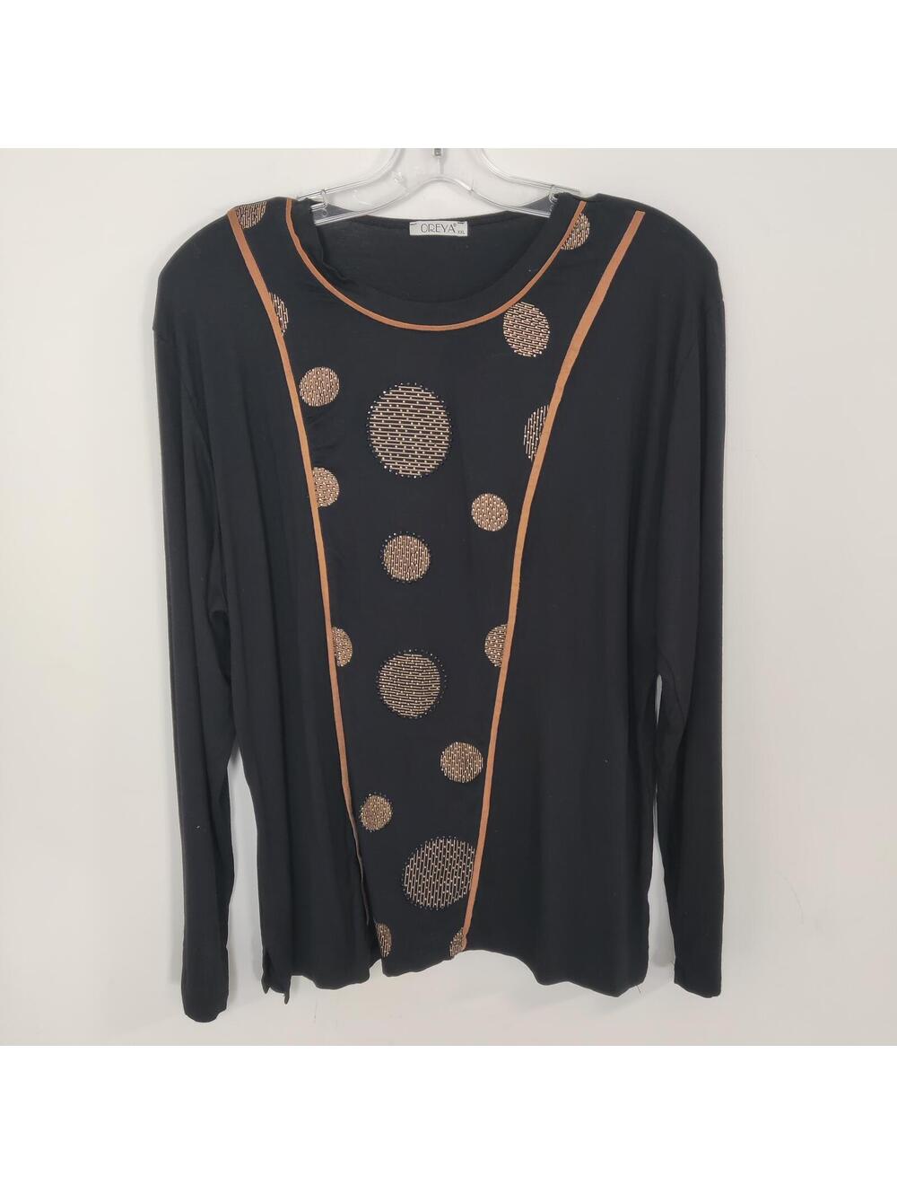 Oreya Size XXL Black Gold Beaded Polka Dot Long Sleeve Top